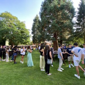 students talking outside